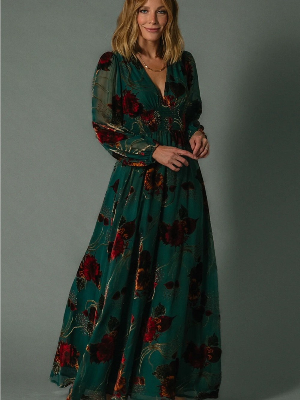 Baltic Born Teal Maxi Dress with Red Floral Print